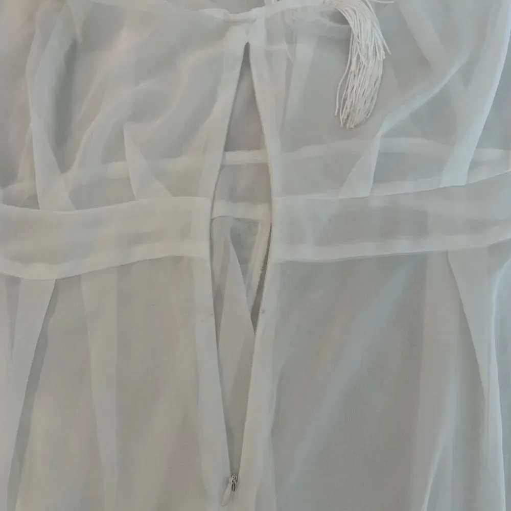 PRETTY LITTLE THING Swim Cover Up White Sheer Dress One Shouler with Fringe 6‎